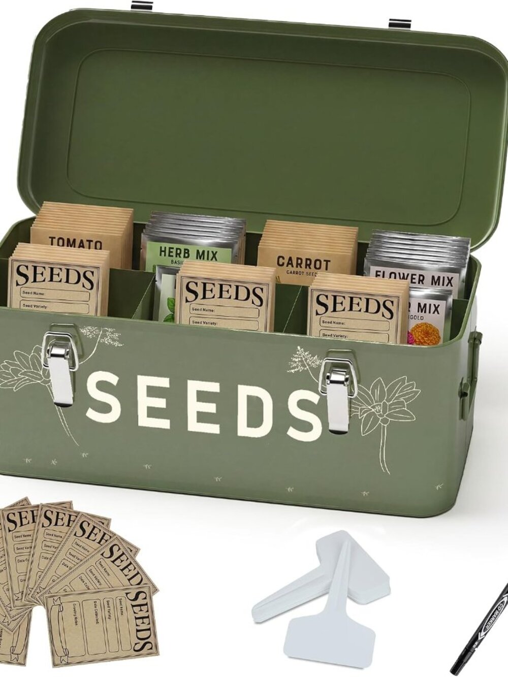 Metal Seed Storage Organizer, 4 Compartments, Vintage Dark Green